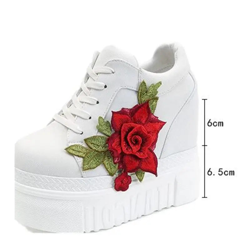 Red Rose Embroidered Chunky Wedge Platform Sneakers - Shoes