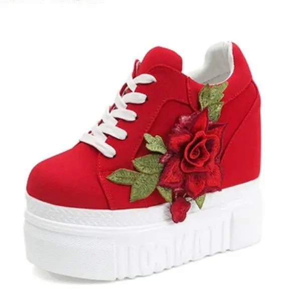 Red Rose Embroidered Chunky Wedge Platform Sneakers - Cosparty
