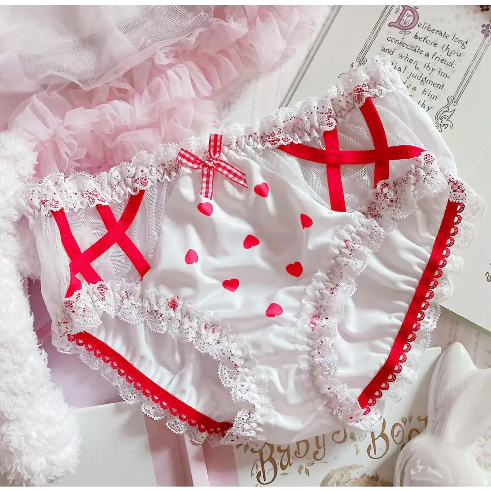 Red & White Lolita Panties - Love ribbon / M - panties, strawberries, strawberry, underwear, undies