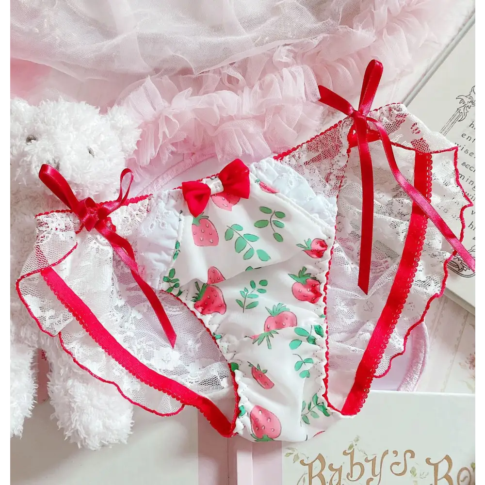 Red & White Lolita Panties - Strawberry ribbon / M - panties, strawberries, strawberry, underwear, undies