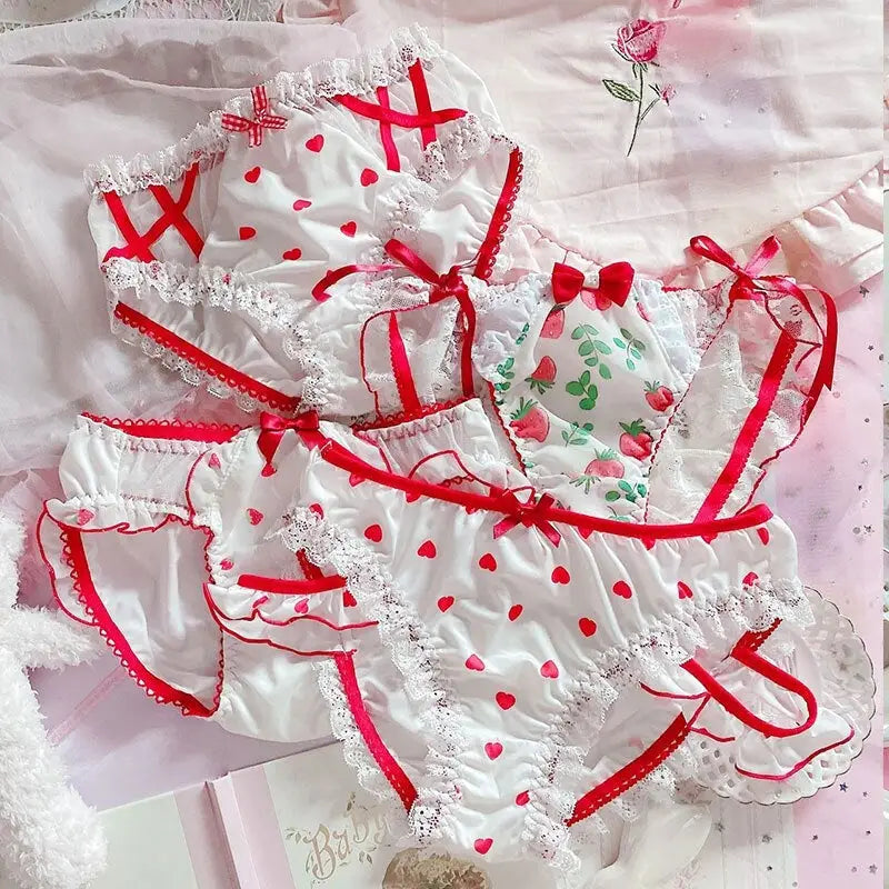 Red & White Seductive Panties with Ruffles and Cute Bows - underwear