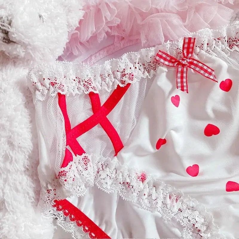 Red & White Seductive Panties with Ruffles and Cute Bows - underwear