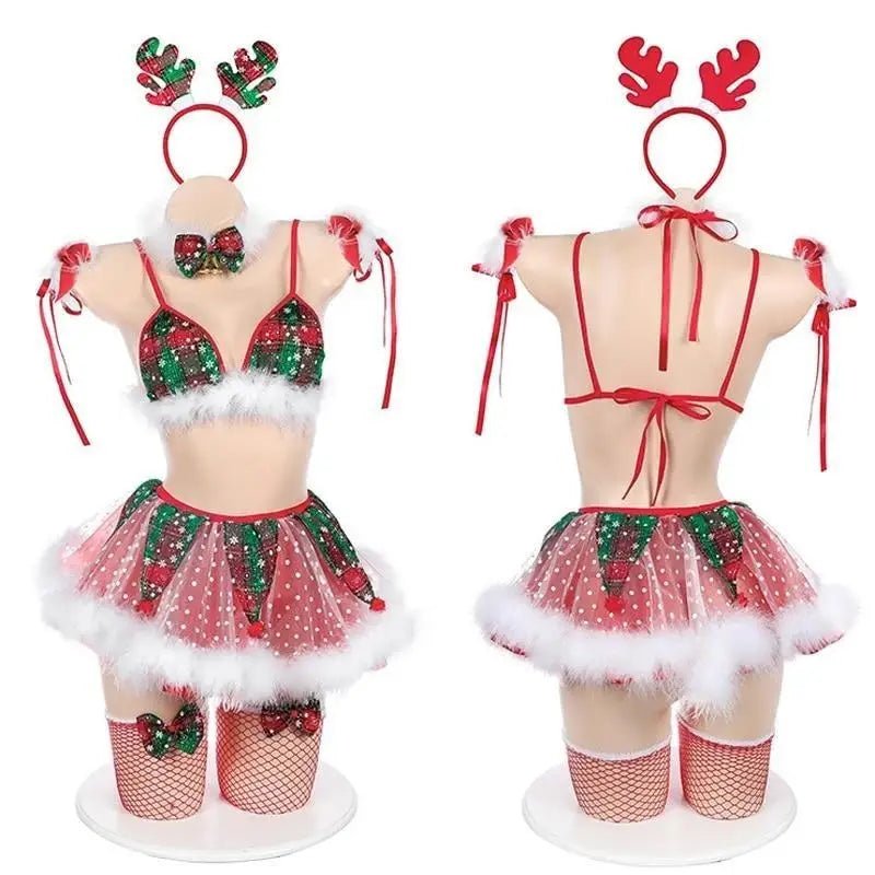Reindeer Inspired Tutu Lingerie Set with Fur Trim and Antlers - Cosparty