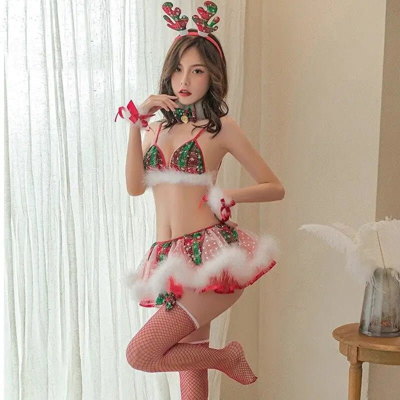 Reindeer Inspired Tutu Lingerie Set with Fur Trim and Antlers - Cosparty