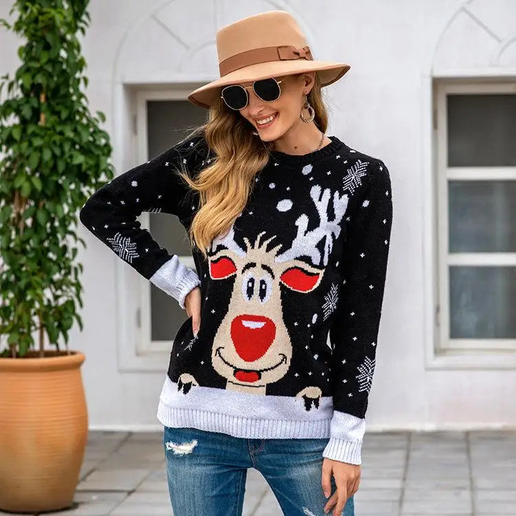 Reindeer Knit Christmas Crewneck Sweater for Holiday Cheer - Black / M - sweater