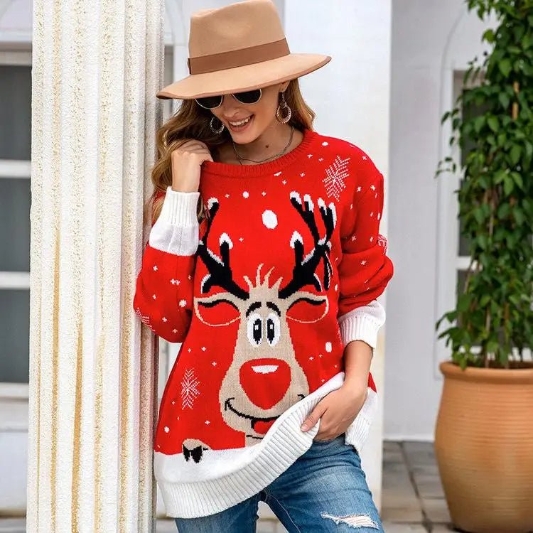 Reindeer Knit Christmas Crewneck Sweater for Holiday Cheer - Cosparty
