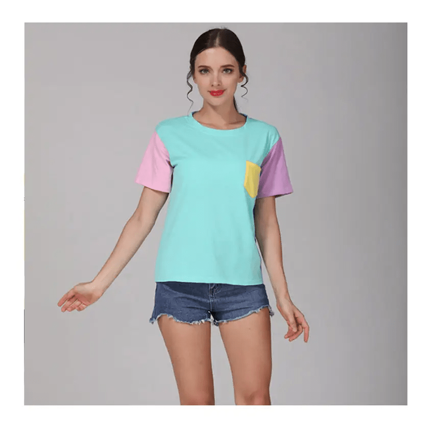 Retro 80s Patchwork Pastel - Kei Tee with Chest Pocket - Cosparty