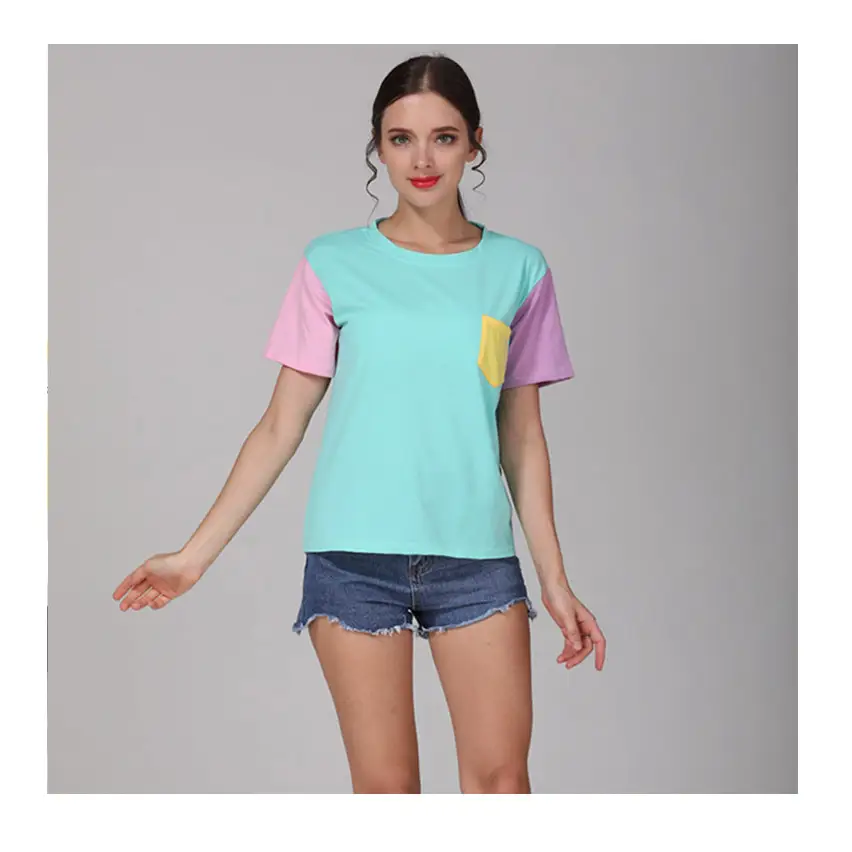 Retro 80s Patchwork Pastel-Kei Tee with Chest Pocket - Shirt