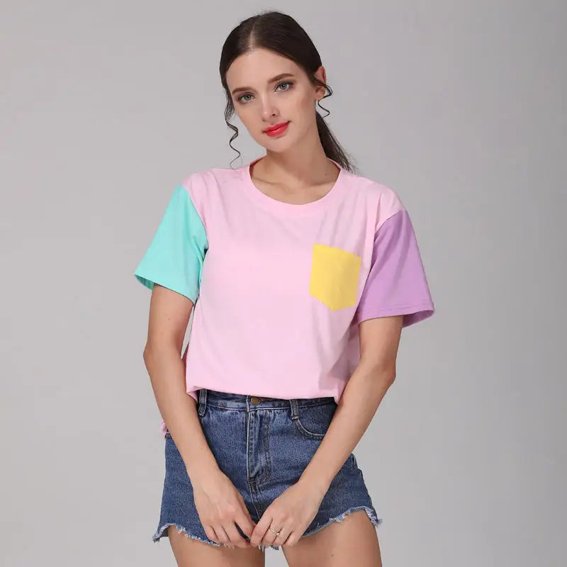 Retro 80s Patchwork Pastel-Kei Tee with Chest Pocket - Pink / M - Shirt