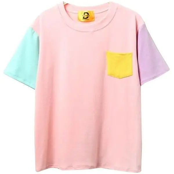 Retro 80s Patchwork Pastel-Kei Tee with Chest Pocket - Shirt