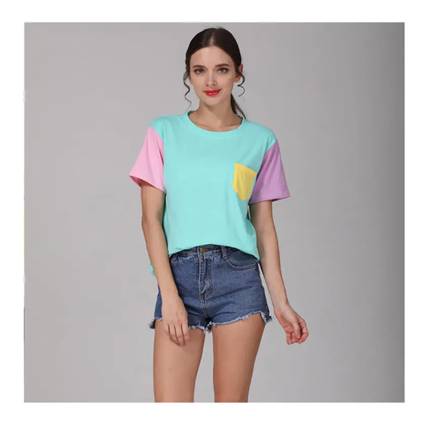 Retro 80s Patchwork Pastel-Kei Tee with Chest Pocket - Shirt