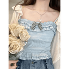 Ruched Babydoll Crop Top with Ruffled and Plaid Ribbons - Cosparty