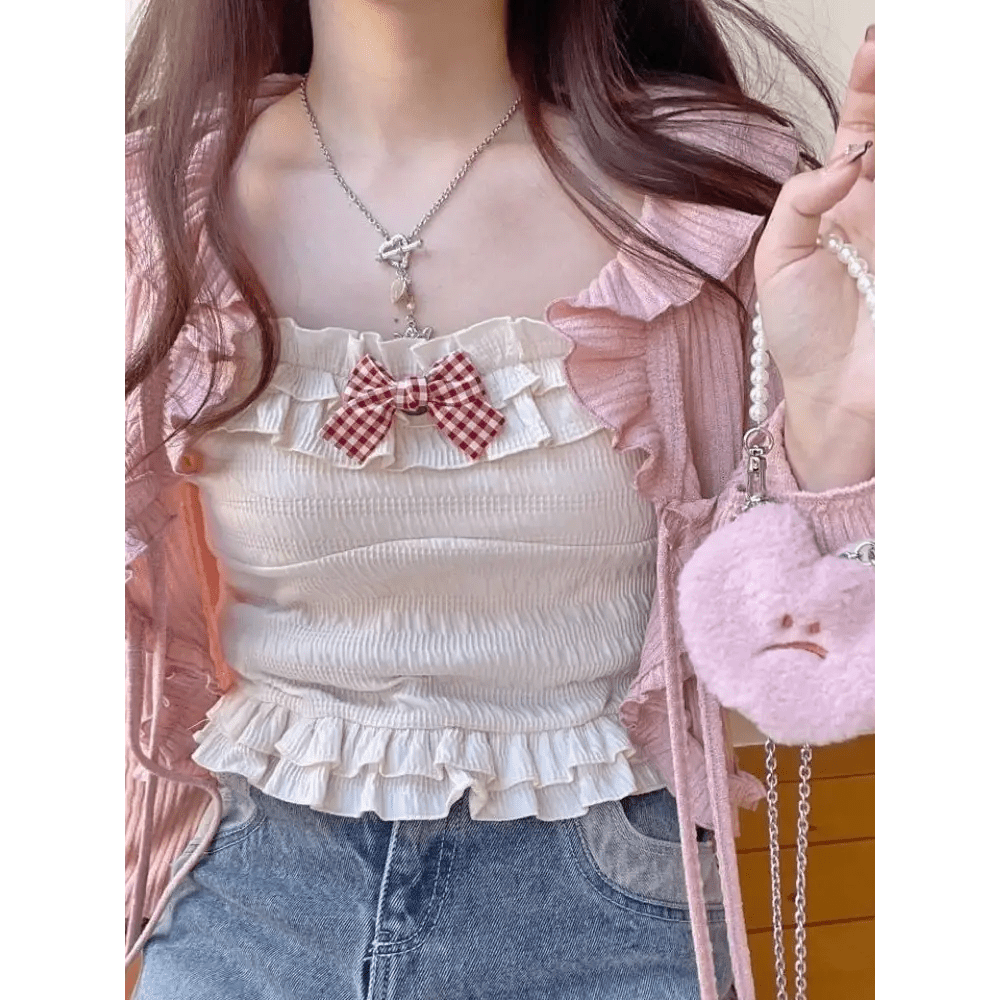 Ruched Babydoll Crop Top with Ruffled and Plaid Ribbons - Cosparty