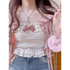 Ruched Babydoll Crop Top with Ruffled and Plaid Ribbons - Cosparty