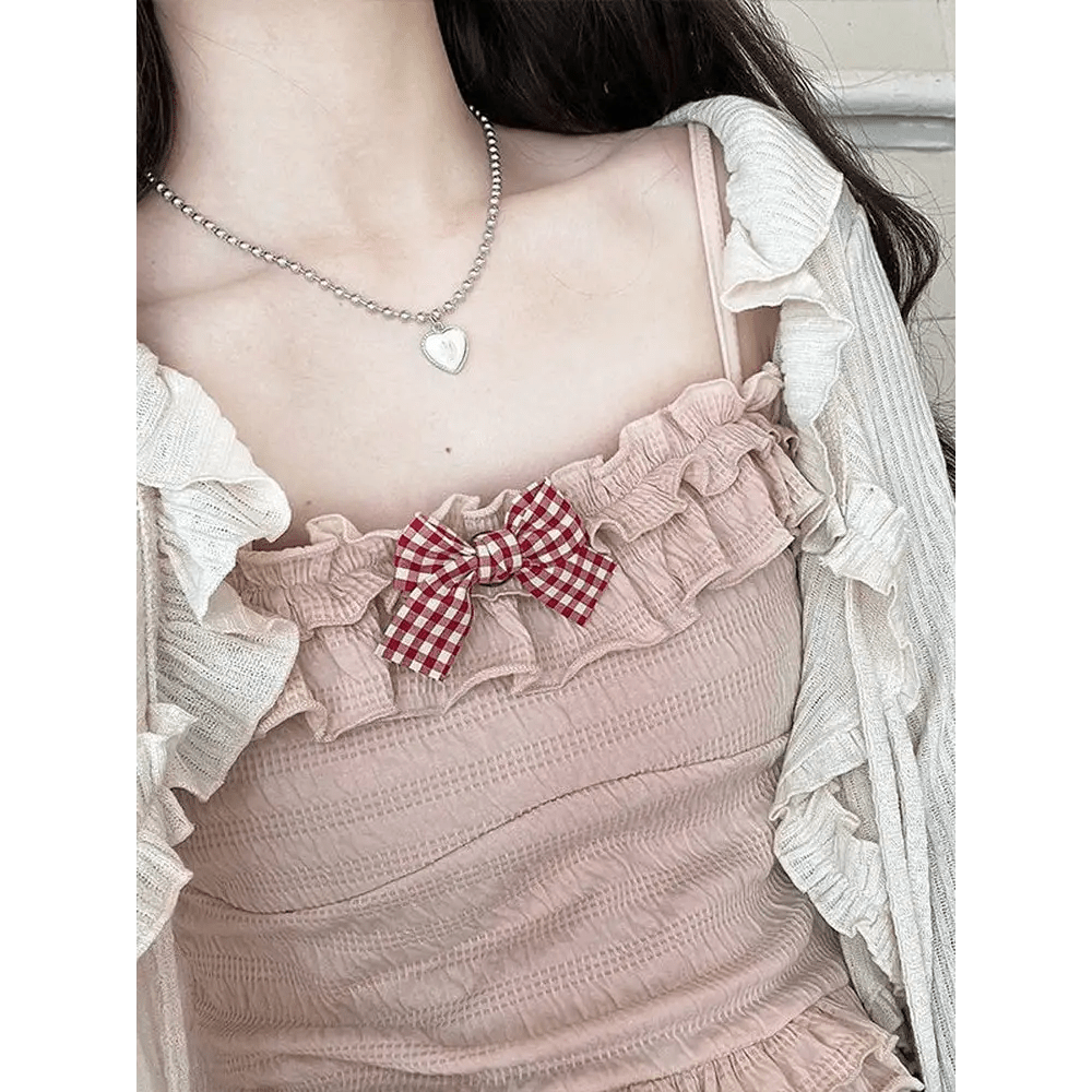 Ruched Babydoll Crop Top with Ruffled and Plaid Ribbons - Cosparty