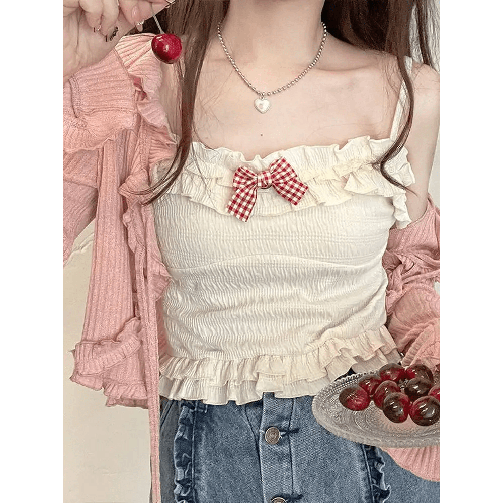 Ruched Babydoll Crop Top with Ruffled and Plaid Ribbons - Cosparty