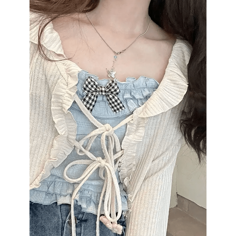 Ruched Babydoll Crop Top with Ruffled and Plaid Ribbons - Cosparty