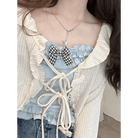 Ruched Babydoll Crop Top with Ruffled and Plaid Ribbons - Cosparty