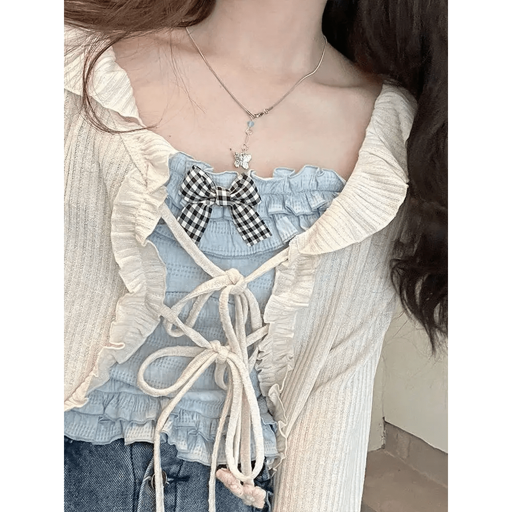 Ruched Babydoll Crop Top with Ruffled and Plaid Ribbons - Cosparty