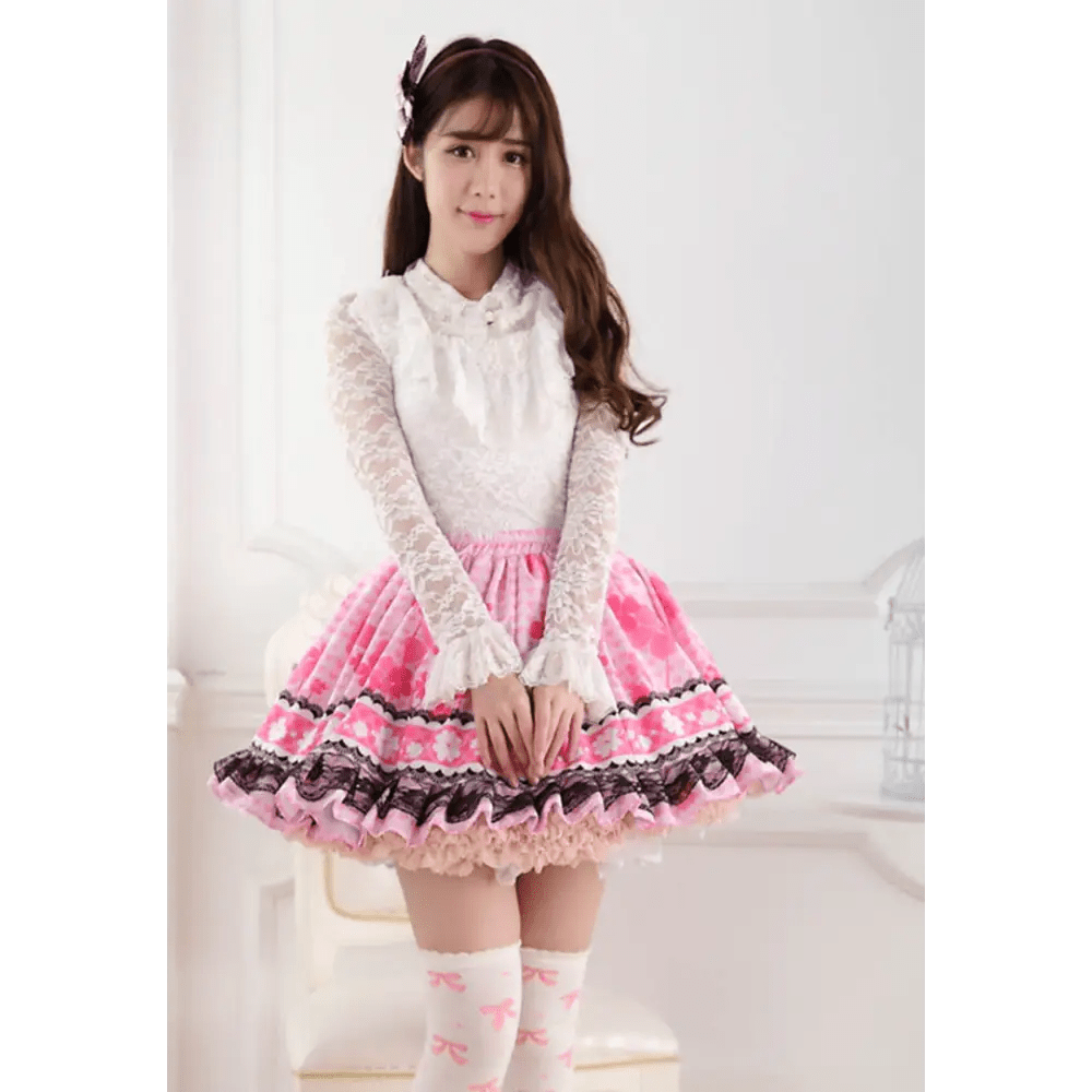 Ruffled Pink Princess Skirt with Floral Pattern for Elegant Style - Cosparty