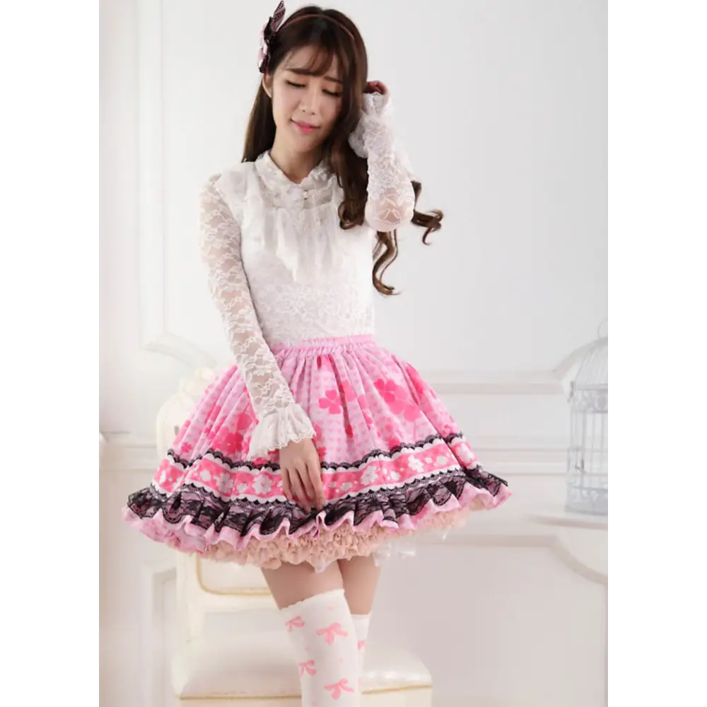 Ruffled Pink Princess Skirt with Floral Pattern for Elegant Style - Skirts