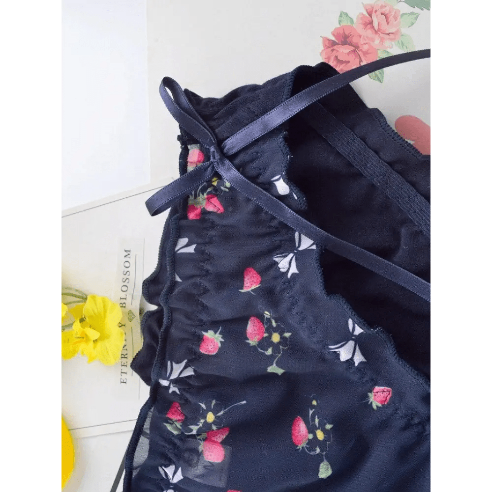 Ruffled Strawberry Patterned Underwear with Lace Trim and Ribbons - Cosparty