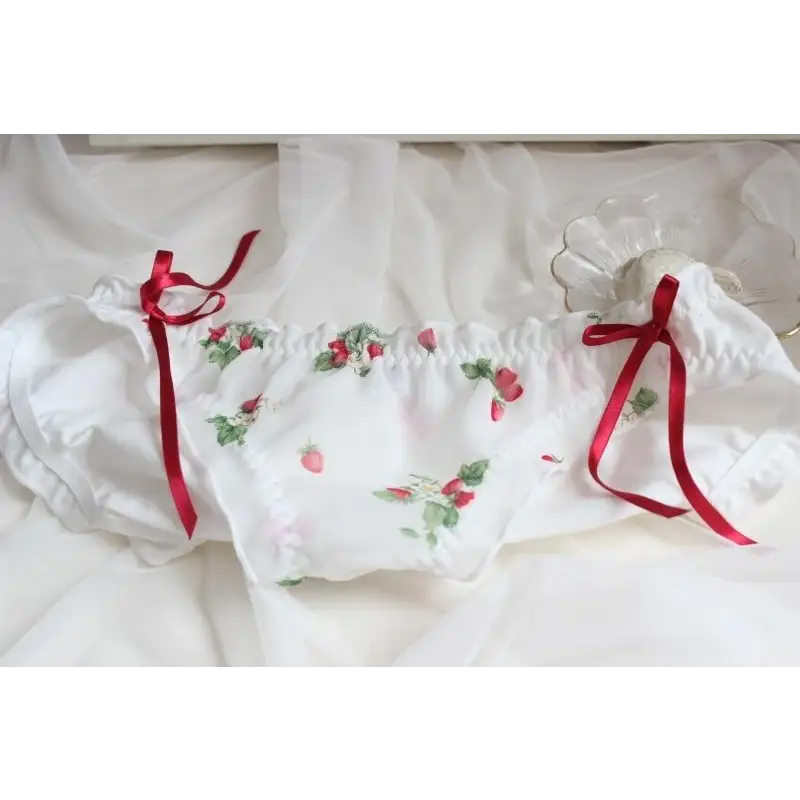 Ruffled Strawberry Patterned Underwear with Lace Trim and Ribbons - underwear