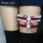 Ruffled Wine Red Wedding Elastic Garter Belt Leg Ring Harness Flowers