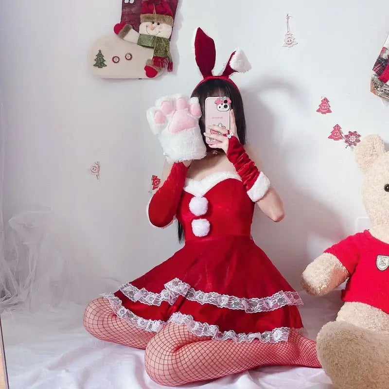 Santa Bunny Dress Set with Matching Headband and Gloves - holiday dress