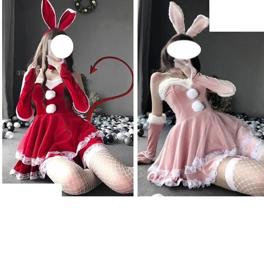 Santa Bunny Dress Set with Matching Headband and Gloves - Cosparty