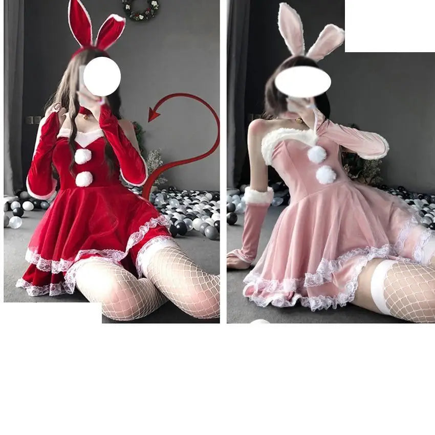 Santa Bunny Dress Set with Matching Headband and Gloves - holiday dress