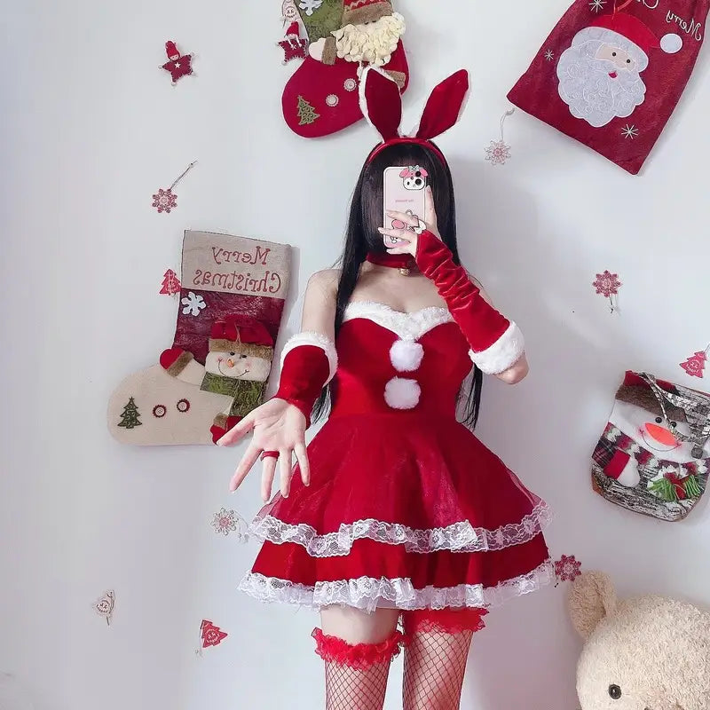 Santa Bunny Dress Set with Matching Headband and Gloves - holiday dress