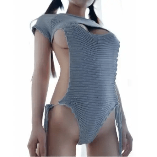 Sassy Cable Knit Virgin Killer Onesie in Blue, Black, and Grey - Cosparty