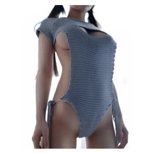 Sassy Cable Knit Virgin Killer Onesie in Blue, Black, and Grey - Cosparty