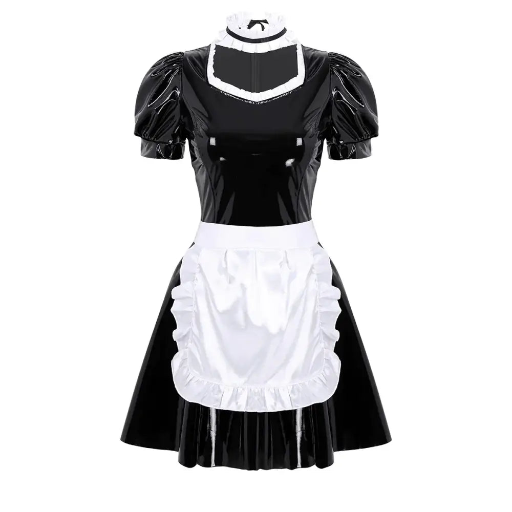Sassy Latex Bodysuit with White Ruffled Apron Trim - Cosparty