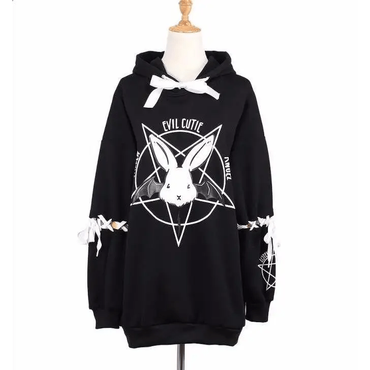Satanic Bunny Hooded Sweatshirt with Corset Lace - Up Sleeves - Cosparty