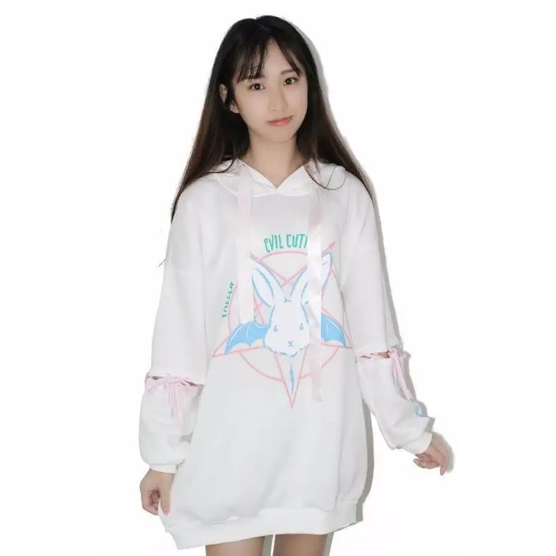 Satanic Bunny Hooded Sweatshirt with Corset Lace-Up Sleeves - Sweater