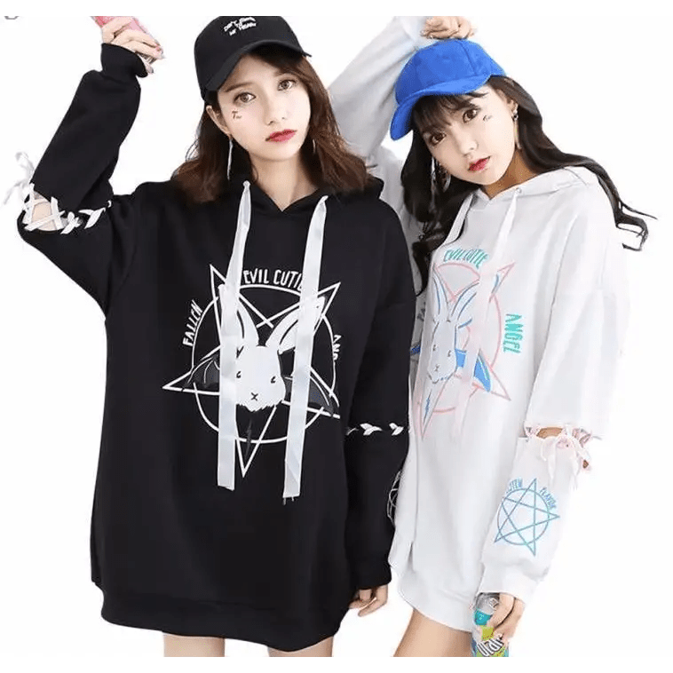 Satanic Bunny Hooded Sweatshirt with Corset Lace - Up Sleeves - Cosparty