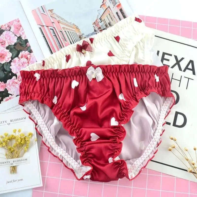 Satin Heart Patterned Undies with Ruffled Trim and Bows in Stock - Cosparty