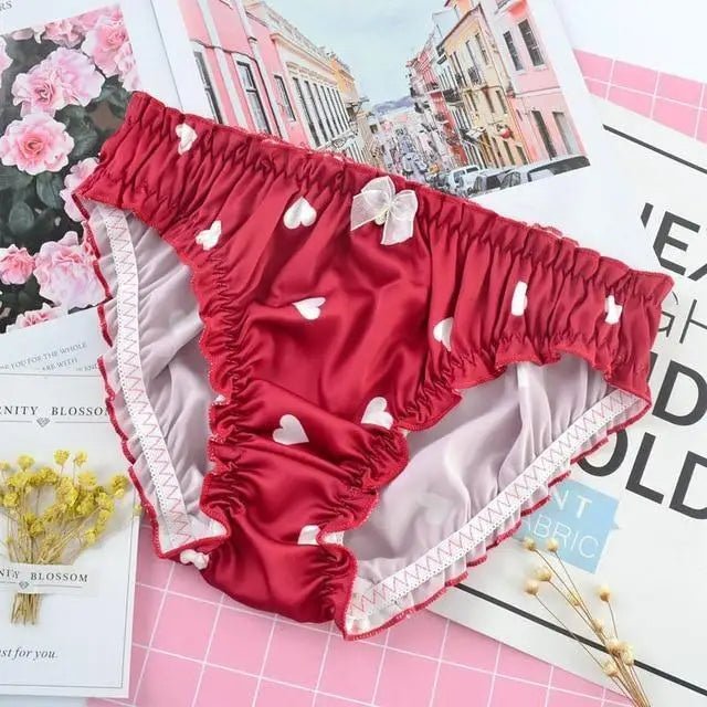 Satin Heart Patterned Undies with Ruffled Trim and Bows in Stock - Cosparty