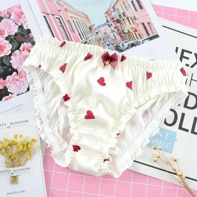 Satin Heart Patterned Undies with Ruffled Trim and Bows in Stock - Cosparty