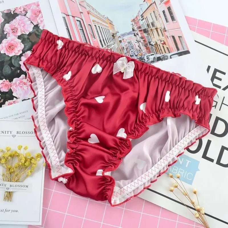 Satin Heart Patterned Undies with Ruffled Trim and Bows in Stock - Cosparty
