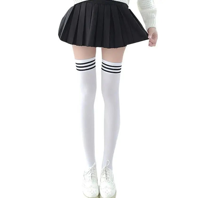 School Girl Inspired Tall Thigh High Stockings with Stripes - Cosparty
