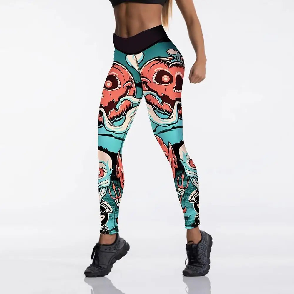 Screaming Pumpkin Printed Leggings for Halloween Enthusiasts - pants