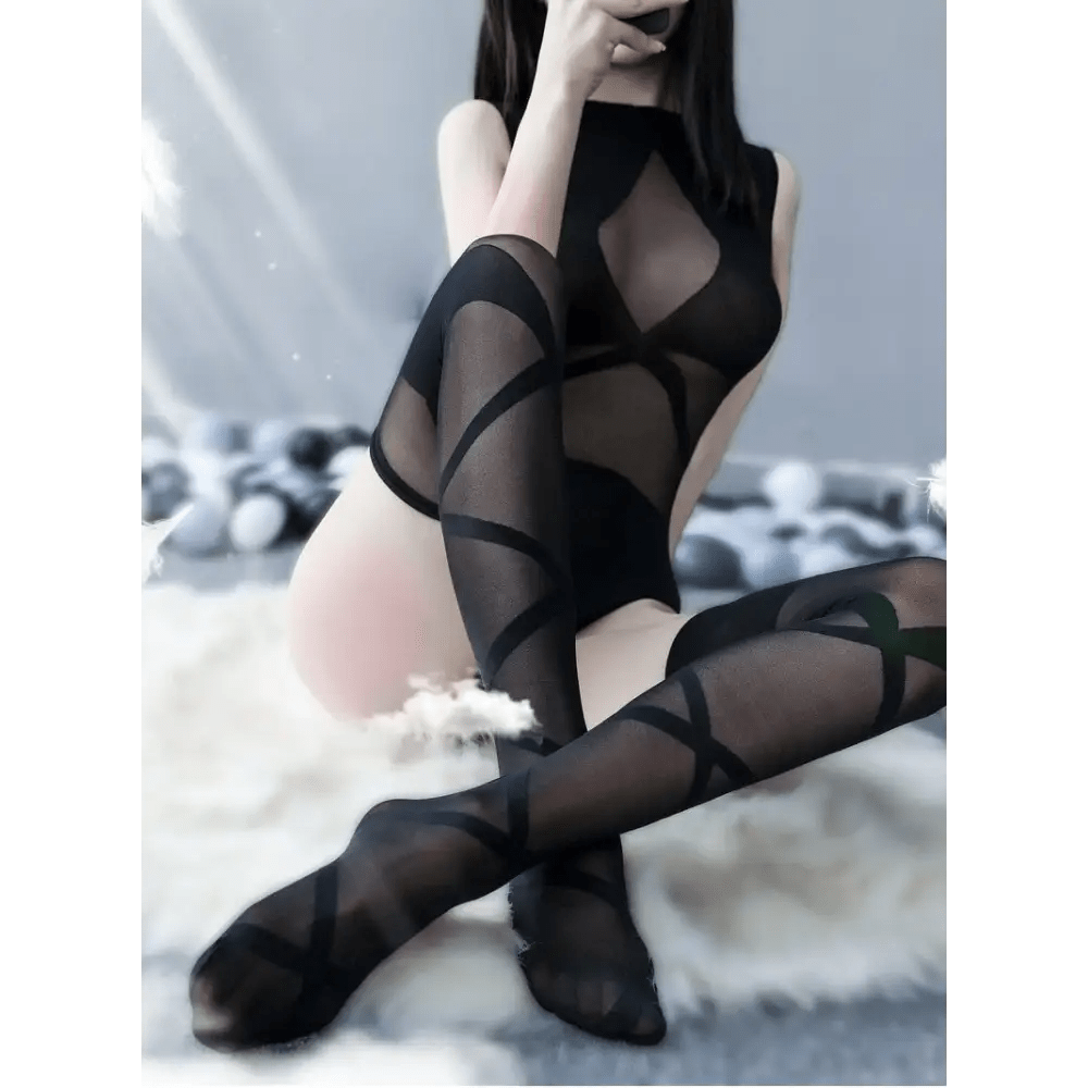 Seductive Black Criss - Cross Mesh Bodystocking for Special Occasions - Cosparty