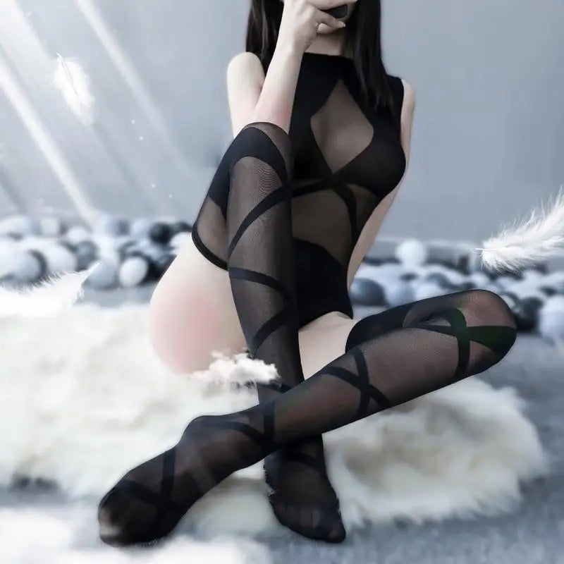 Seductive Black Criss-Cross Mesh Bodystocking for Special Occasions - fishnets