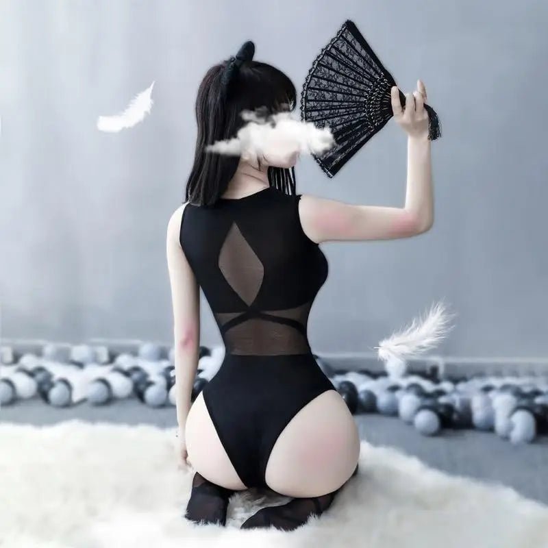 Seductive Black Criss - Cross Mesh Bodystocking for Special Occasions - Cosparty