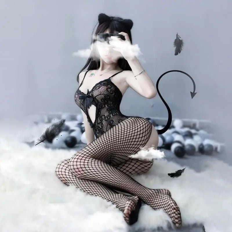 Seductive Black Lace Fishnet Bodystocking for a Naughty Surprise - Cosparty