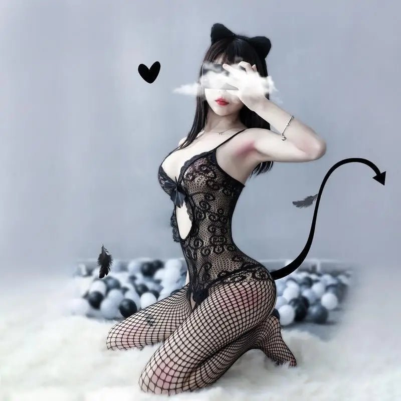 Seductive Black Lace Fishnet Bodystocking for a Naughty Surprise - Cosparty