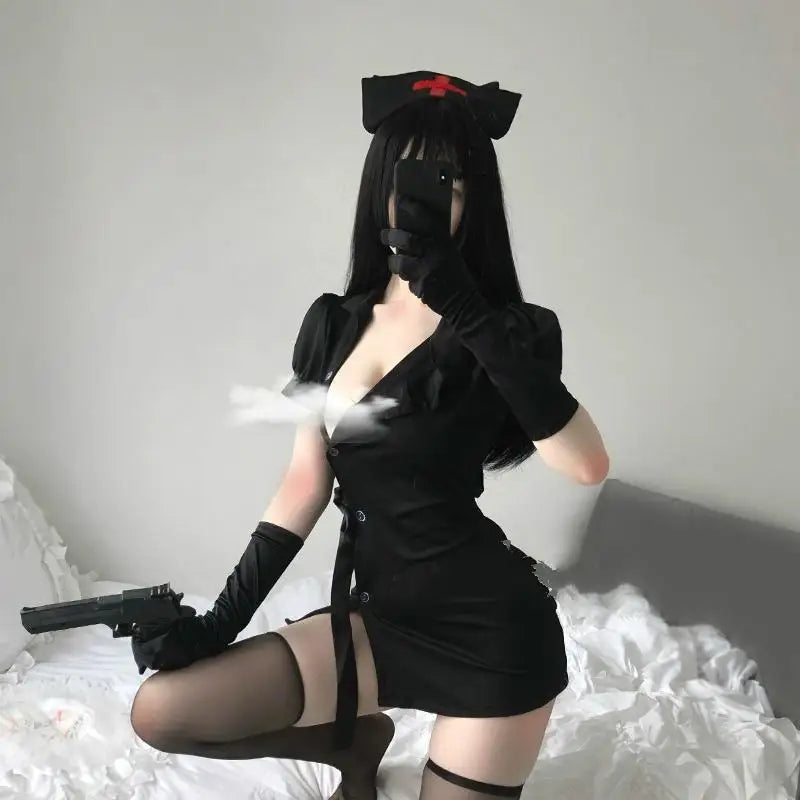 Seductive Black Nurse Military Cosplay Costume - costume